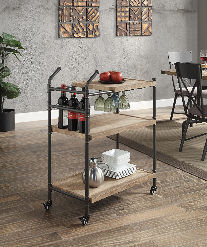 Oak shelf  & sandy black finish base serving cart by Acme