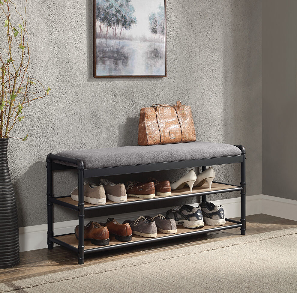 Gray fabric upholstery and oak/ sandy black finish shoe cabinet by Acme