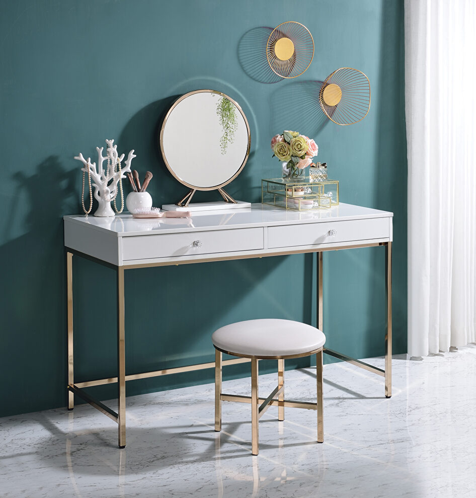 White high gloss & gold finish contemporary style vanity desk by Acme