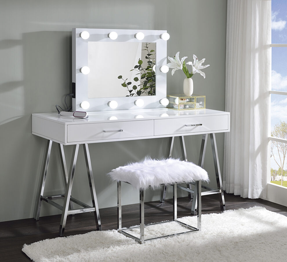 White high gloss & chrome finish legs rectangular vanity desk by Acme
