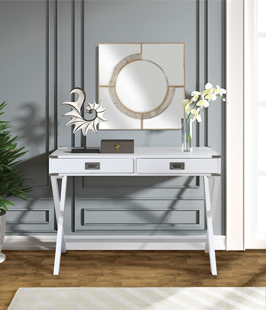 White finish crossing x-base console table by Acme