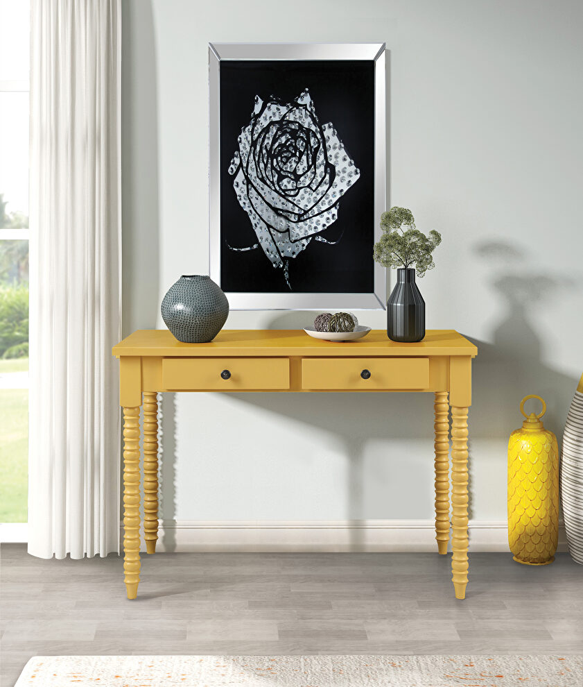 Yellow finish wooden frame with ornate carvings console table by Acme