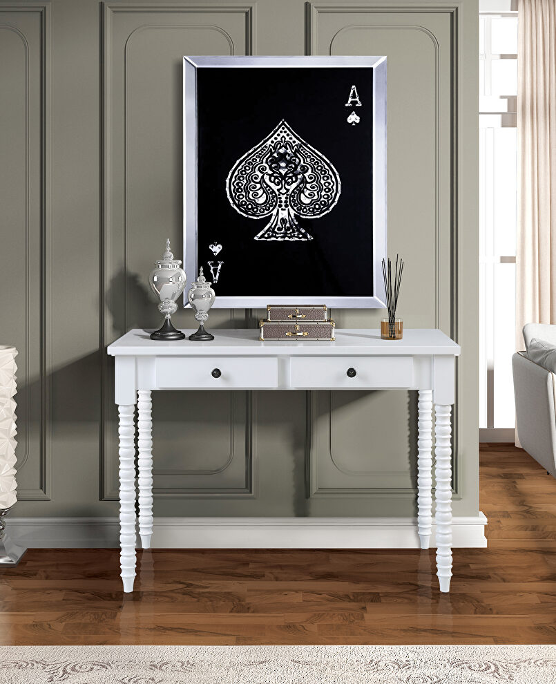 White finish wooden frame with ornate carvings console table by Acme