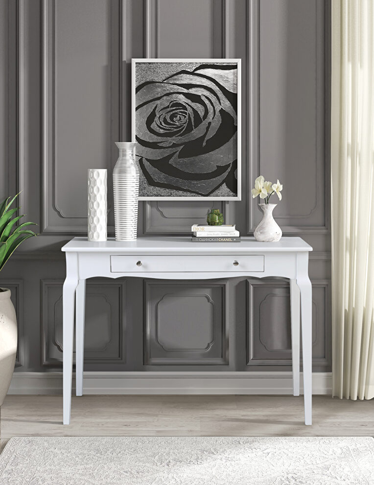 White finish gently curving details console table by Acme