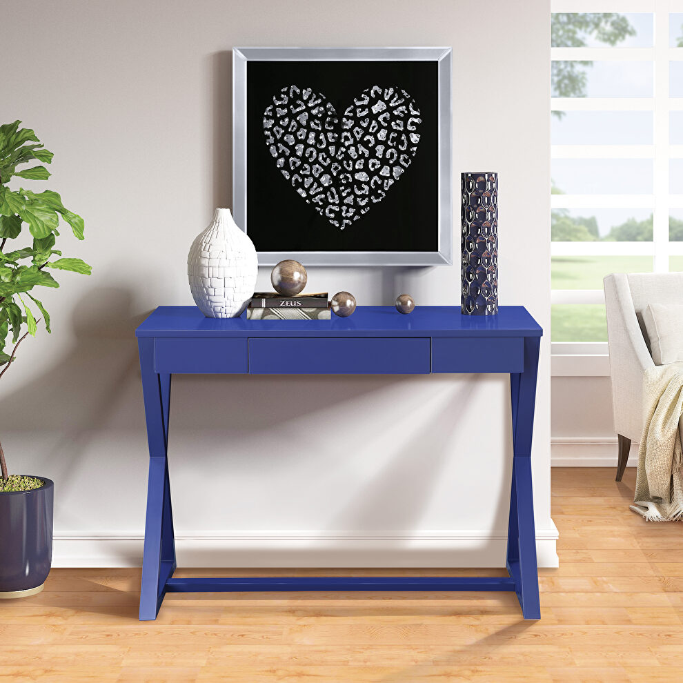 Twilight blue finish x-shape wooden base console table by Acme