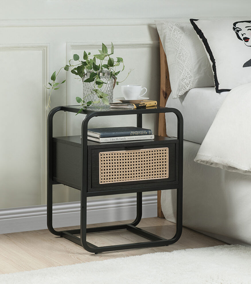 Tempered glass top and black finish metal frame accent table by Acme