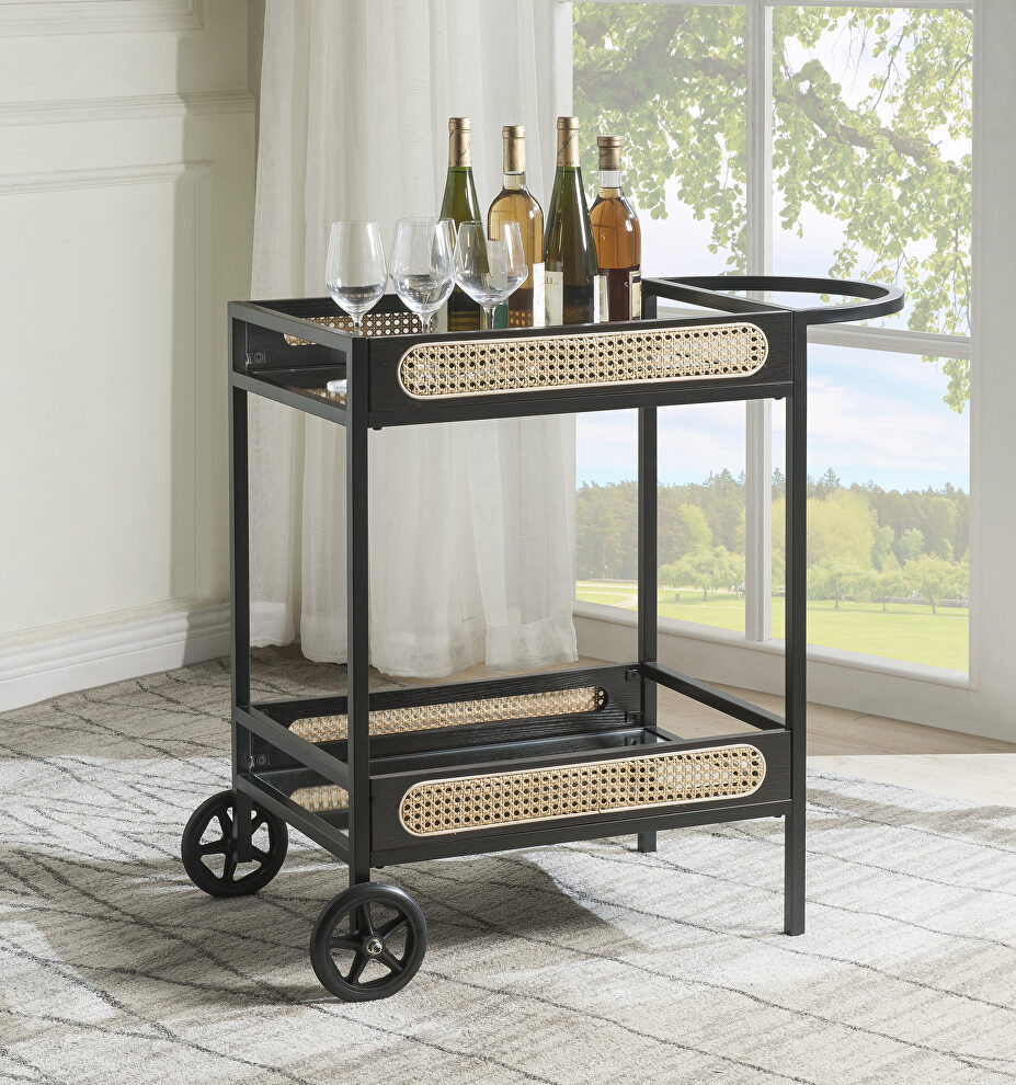 Black finish metal frame and mirrored shelf serving cart by Acme