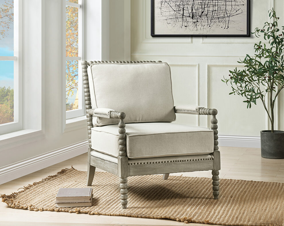 Beige linen upholstery & light oak finish nailhead trim accent chair by Acme