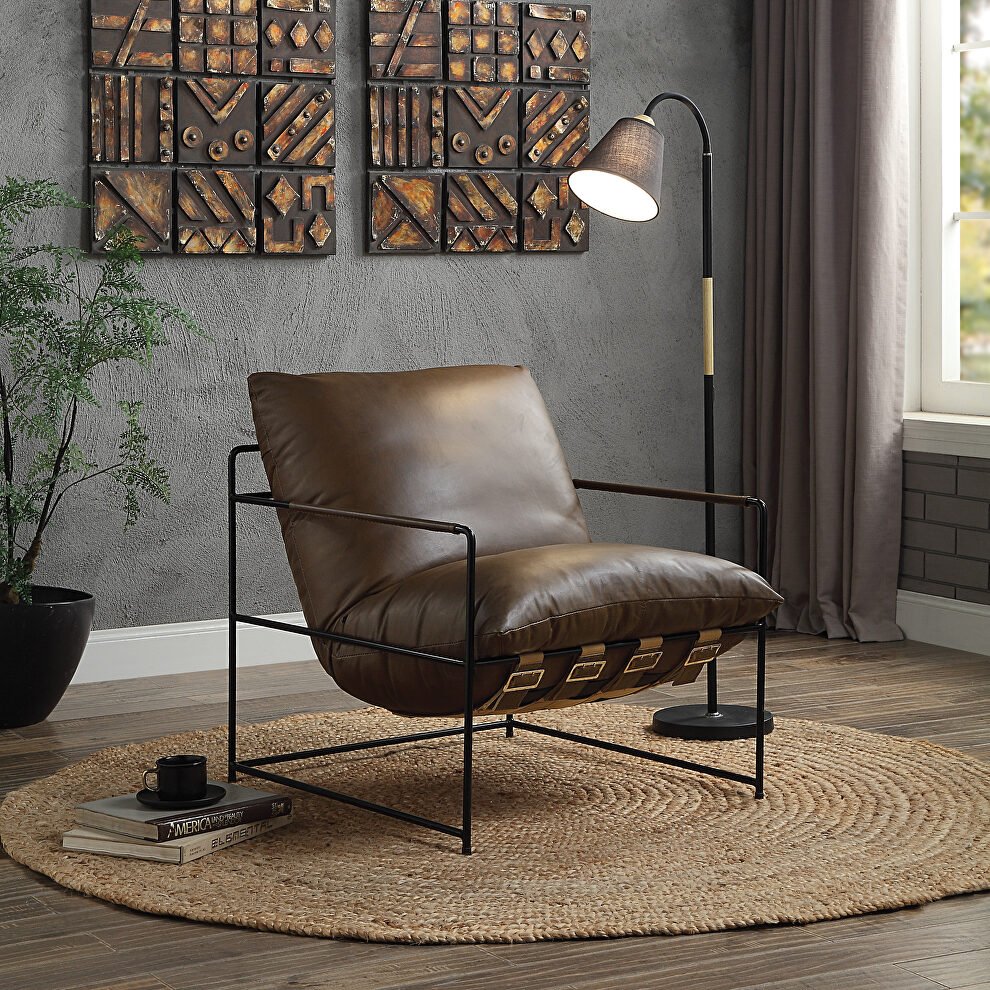 Saturn top grain leather and metal frame base accent chair by Acme