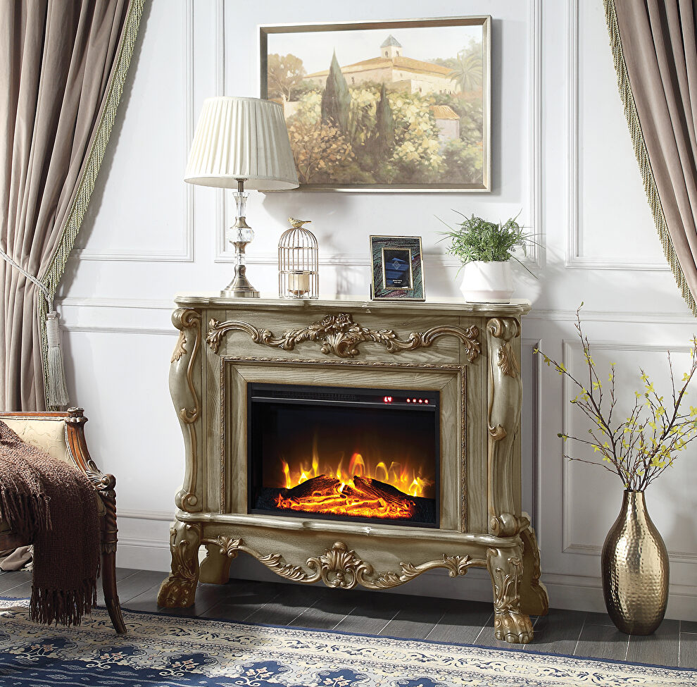 Gold patina finish floral moldings fireplace by Acme