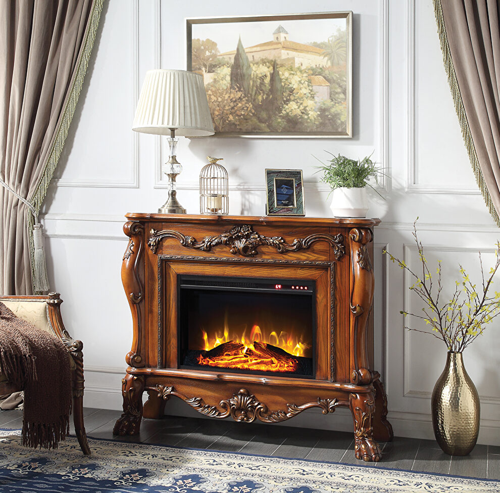 Cherry finish floral moldings fireplace by Acme