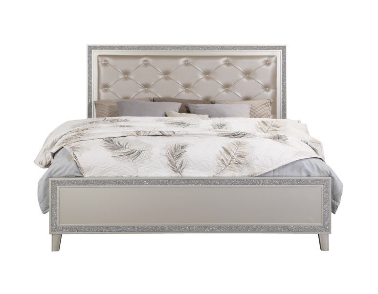 Pu & champagne finish button-tufted headboard king bed by Acme
