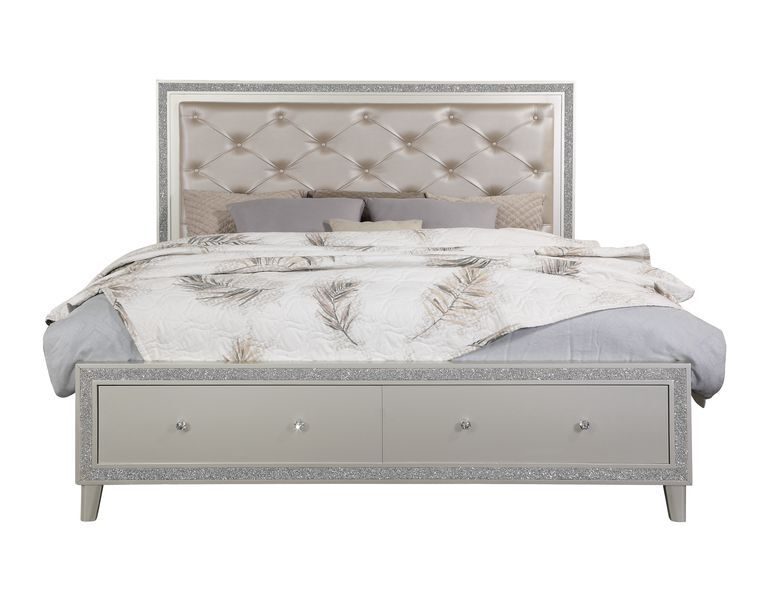 Pu & champagne finish button-tufted headboard king bed w/ storage by Acme