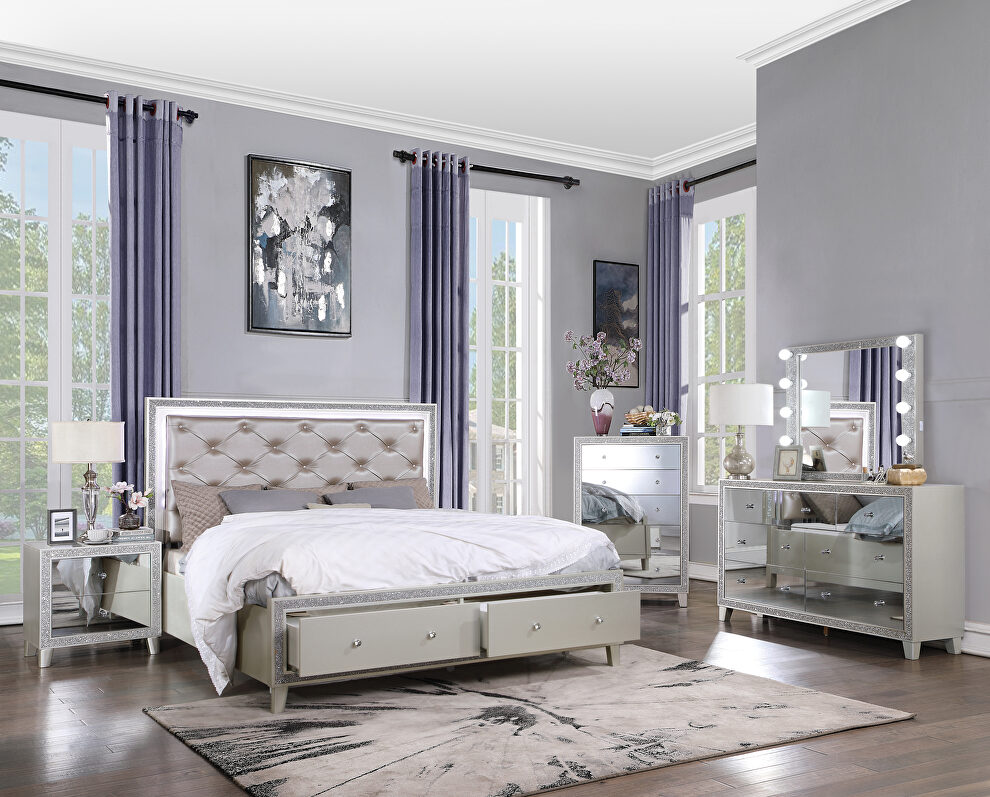 Pu & champagne finish button-tufted headboard queen bed w/ storage by Acme