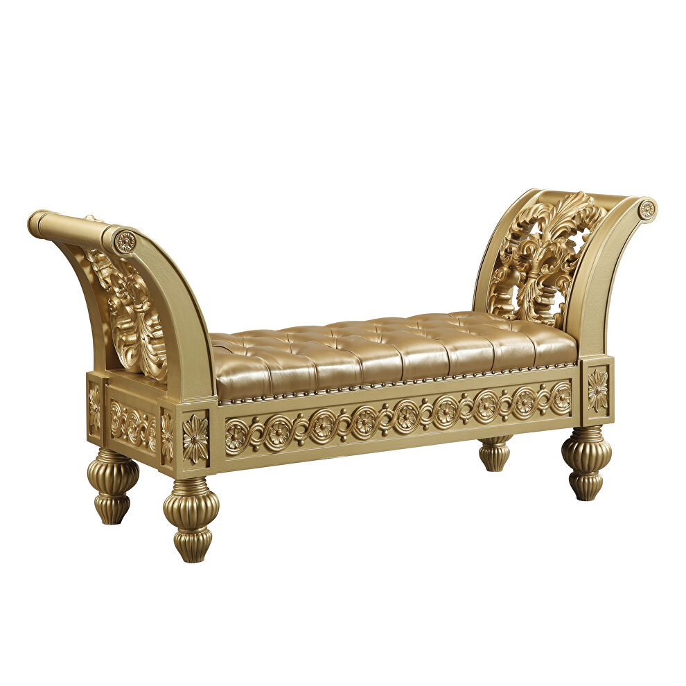 Tan pu upholstery & gold finish base bench by Acme