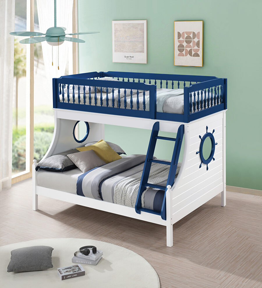 Navy blue & white finish twin/ twin bunk bed with decorative turned spindles by Acme