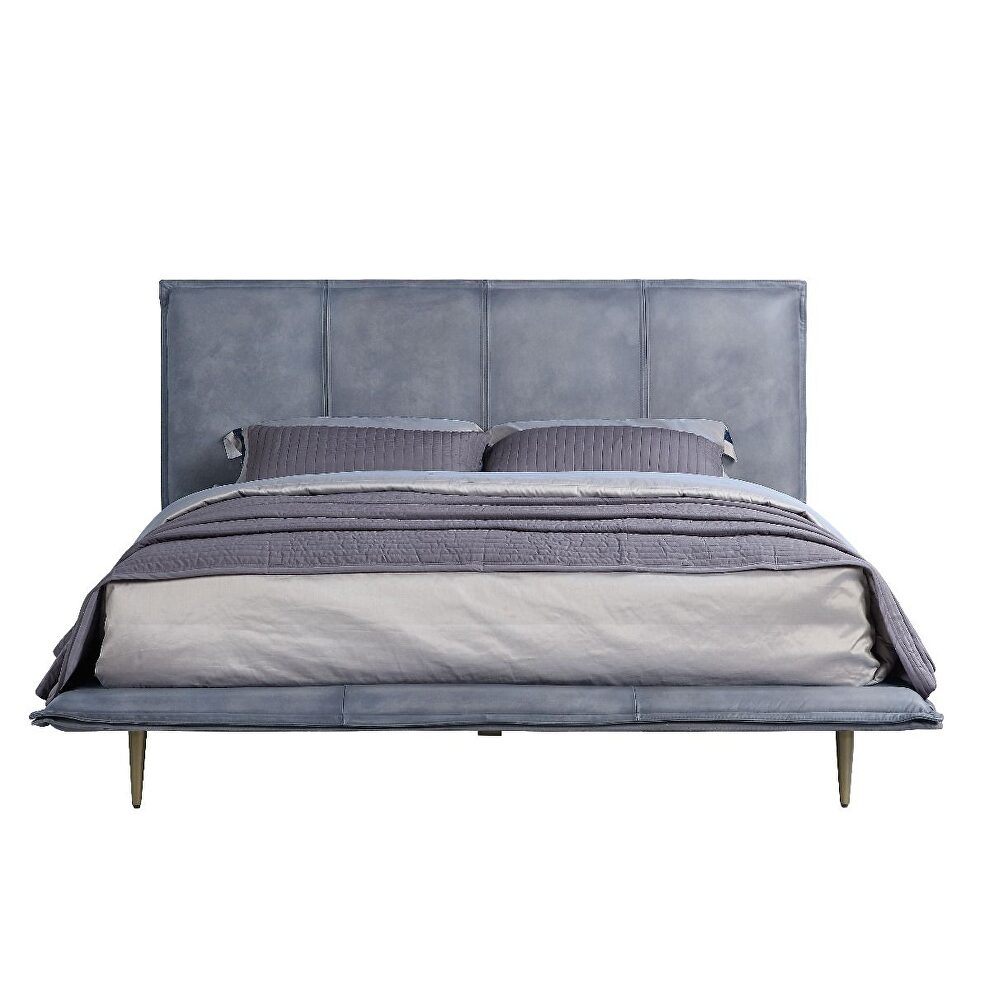 Gray top grain leather padded headboard king bed by Acme
