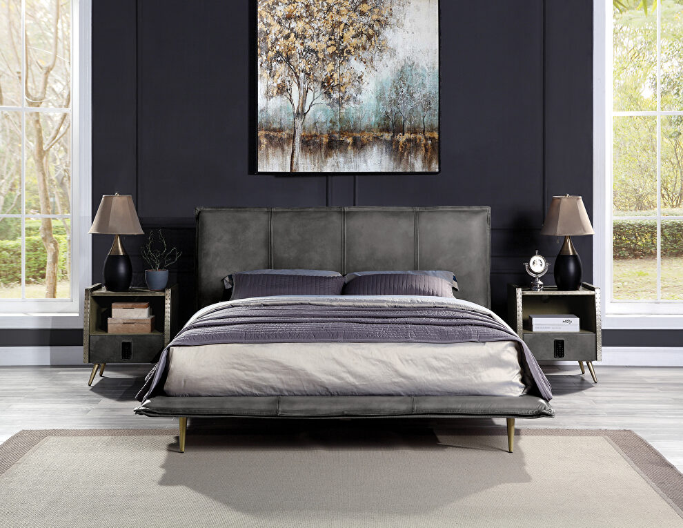 Gray top grain leather padded headboard queen bed by Acme