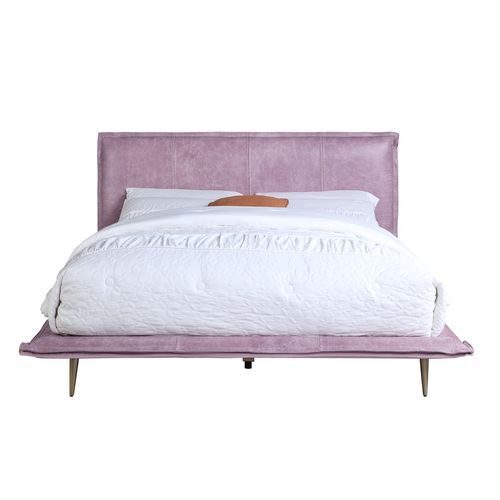 Pink top grain leather padded headboard king bed by Acme