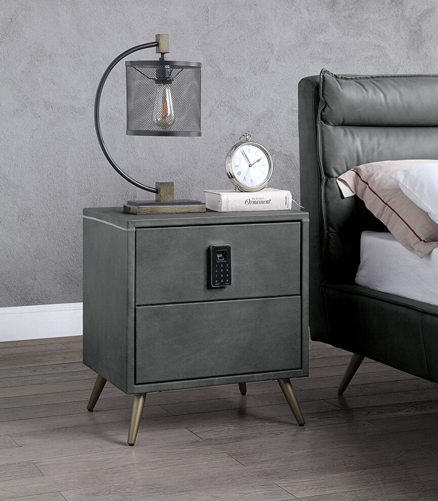 Gray top grain leather nightstand w/ usb plug charge by Acme