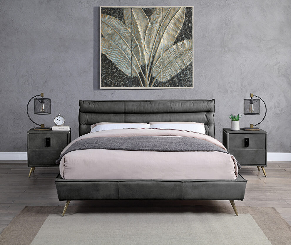 Gray top grain leather upholstered modern queen bed by Acme