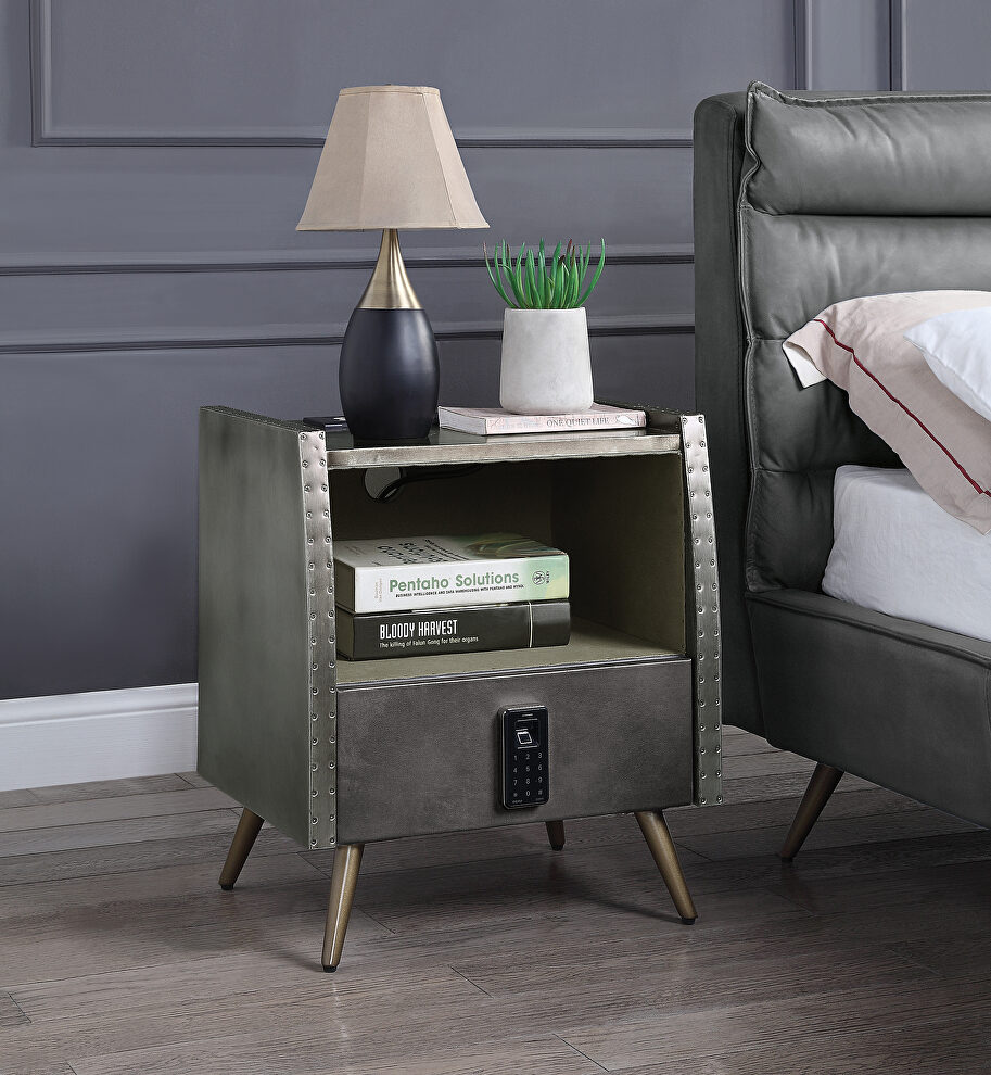 Gray top grain leather & aluminum nightstand w/ usb plug charge by Acme