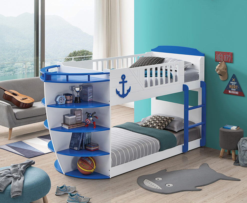 Sky blue finish twin/twin bunk with storage shelves by Acme