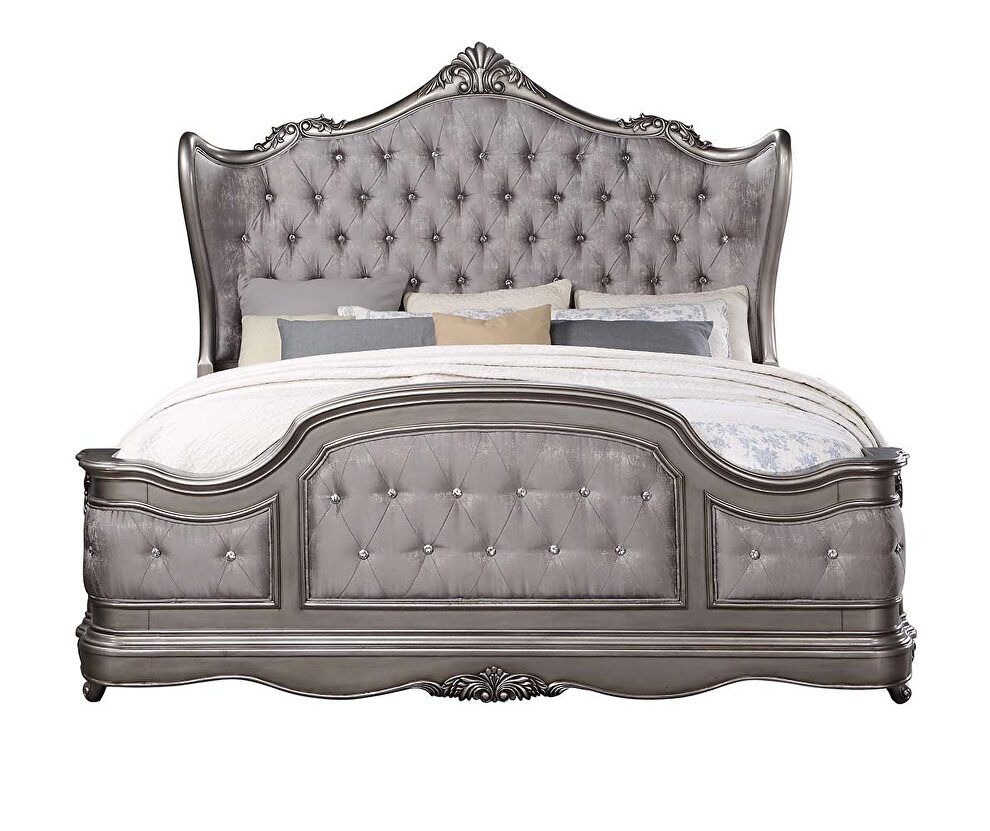 Antique platinum finish wingback headboard rococo design king bed by Acme
