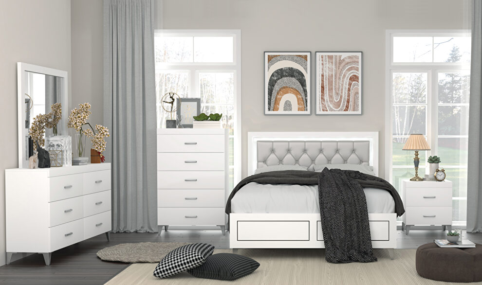 Gray pu padded headboard & white finish queen bed w/ led lighting by Acme