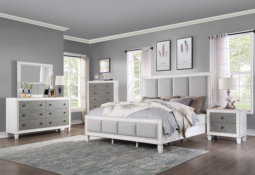 Gray linen channel-tufted headboard and footboard queen bed by Acme