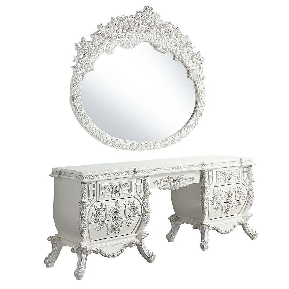 Antique white finish extravagant scroll floral design vanity desk by Acme