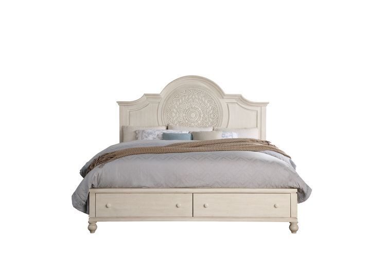 Wooden-crafted frame shown in an antique white finish king bed by Acme