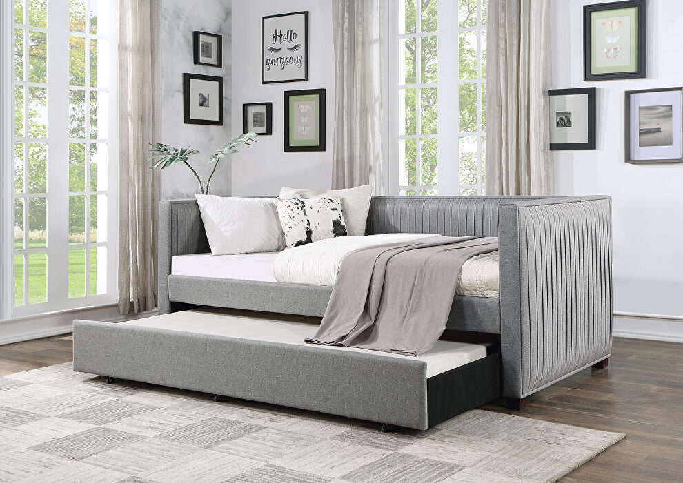 Gray fabric upholstery pleated design twin daybed by Acme