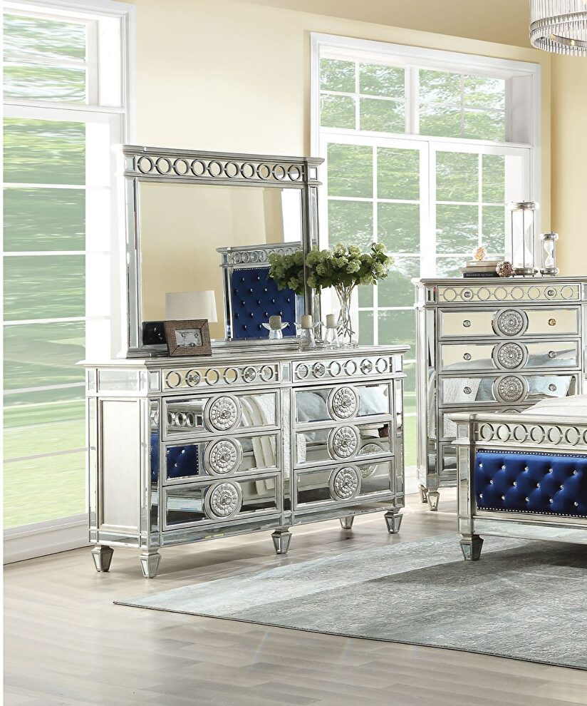 Mirrored top raised geometric trim sunburst motifs dresser by Acme