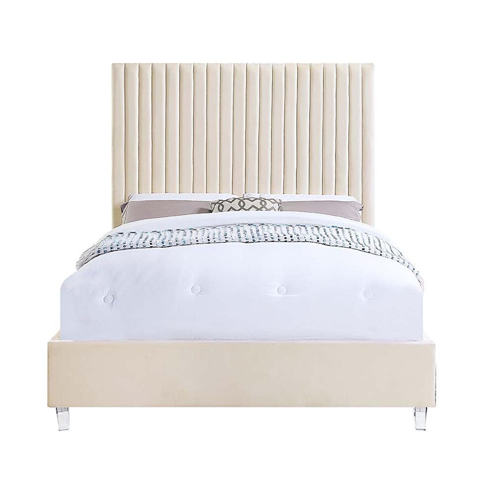 Beige velvet channel-tufted headboard king bed by Acme