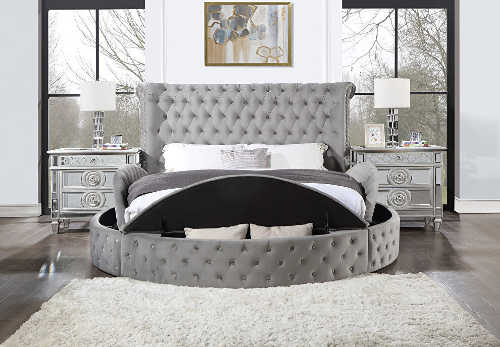 Gray velvet fully upholstered king bed w/storage in side rails & footboard by Acme