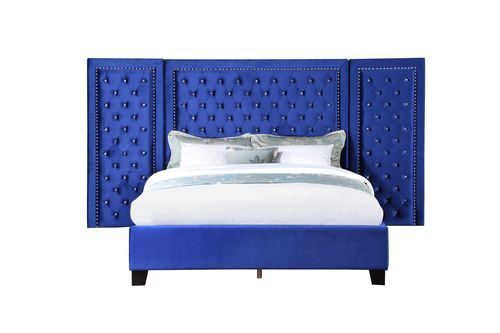 Blue velvet fully upholstery and crystal-like button tufting king bed by Acme