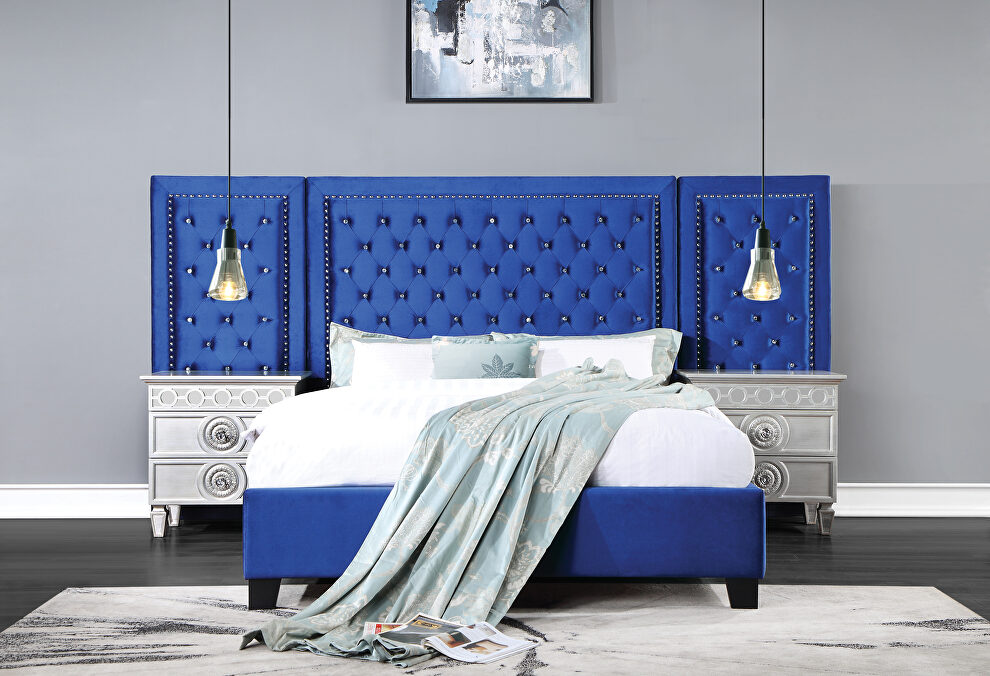 Blue velvet fully upholstery and crystal-like button tufting queen bed by Acme