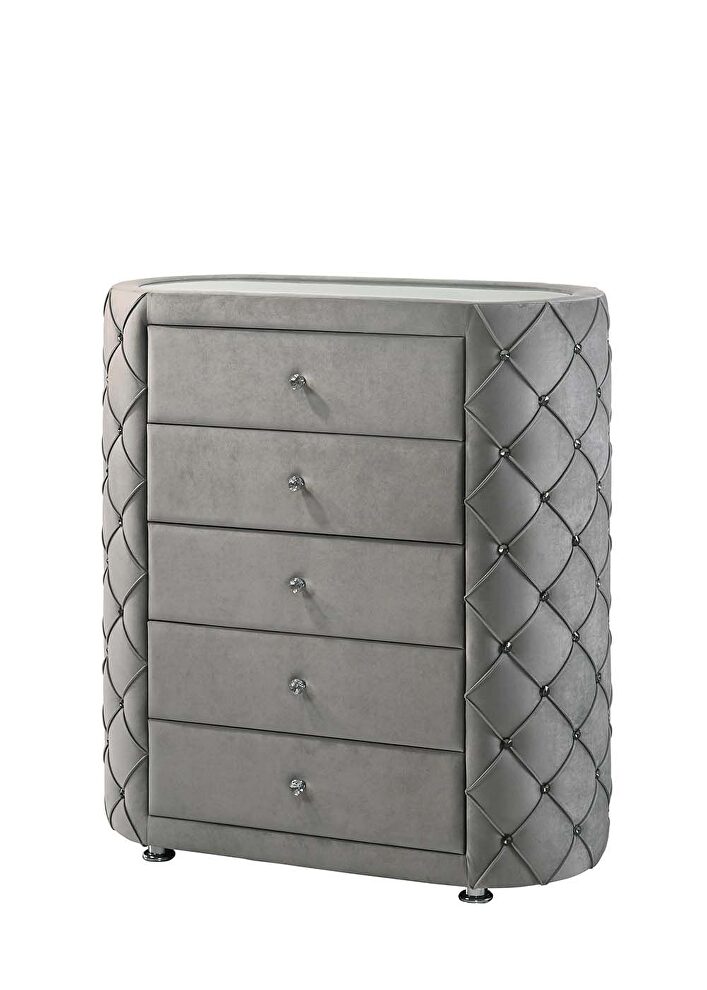 Gray velvet uphostery and black piping chest by Acme