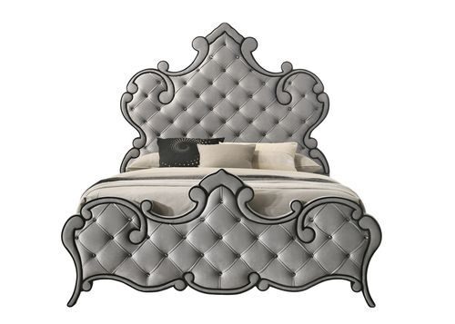 Gray velvet uphostery and black piping king bed by Acme