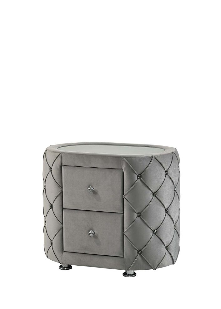 Gray velvet uphostery and black piping nightstand by Acme