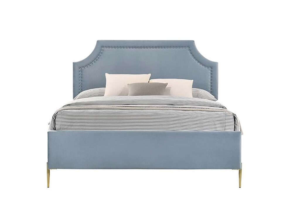 Light blue finish velvet upholstery/ nailhead trim headboard king bed by Acme