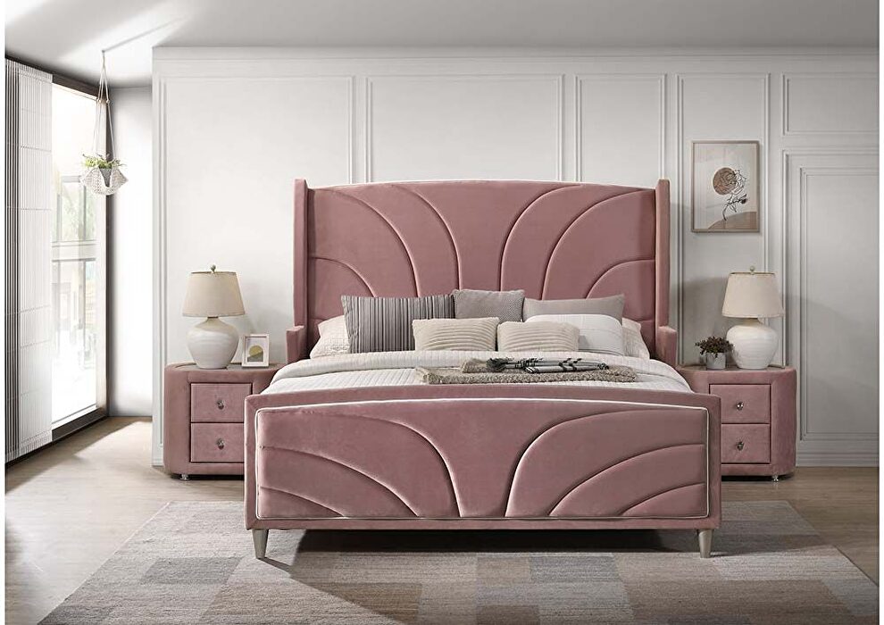 Pink velvet upholstery art deco-inspired design king bed by Acme