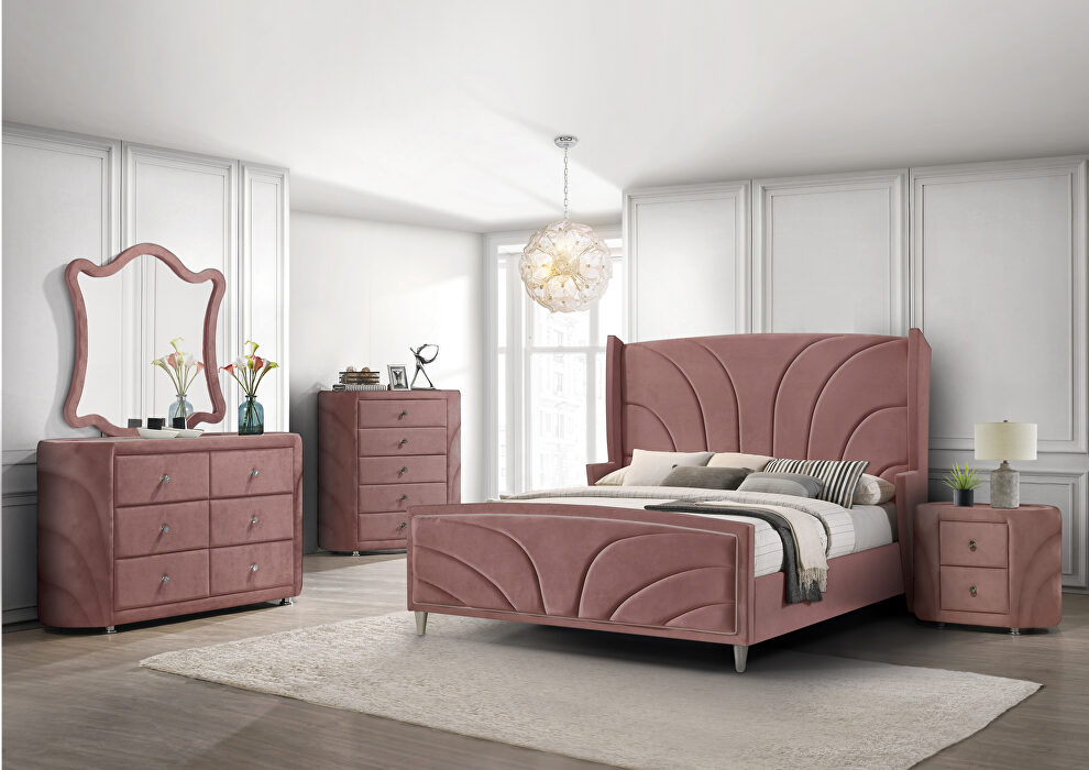 Pink velvet upholstery art deco-inspired design queen bed by Acme