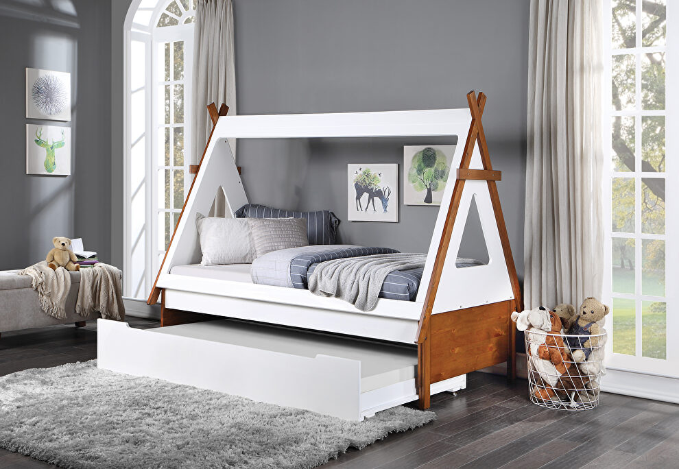 Oak & white finish house style design twin bed by Acme