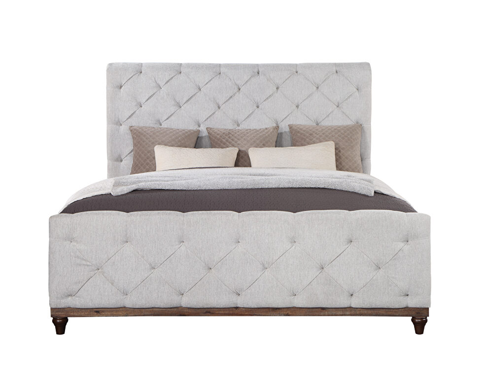 Reclaimed oak finish upholstery fabric buttonless tufting on the headboard king bed by Acme