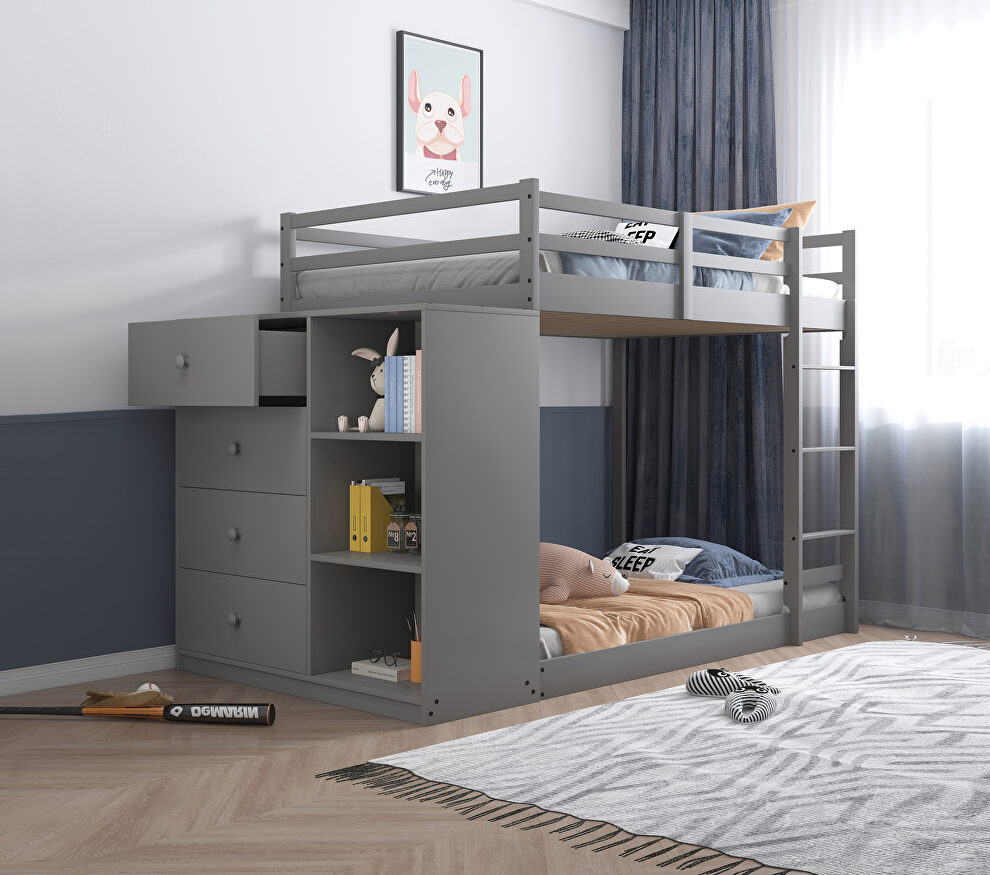 Gray finish twin/twin bunk bed with cabinet by Acme
