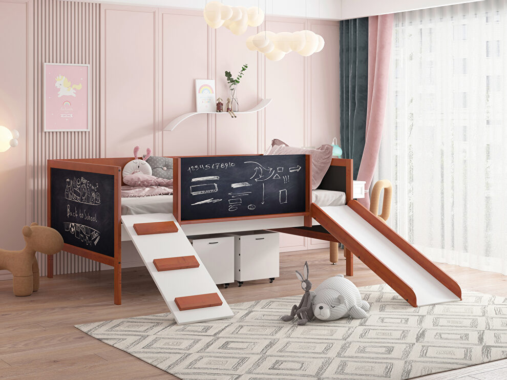 Cherry oak & white finish twin loft bed with the built-in slide by Acme