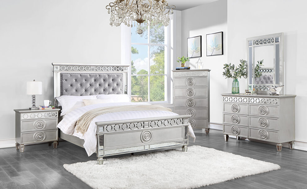 Gray velvet padded headboard / silver & mirrored finish twin bed by Acme