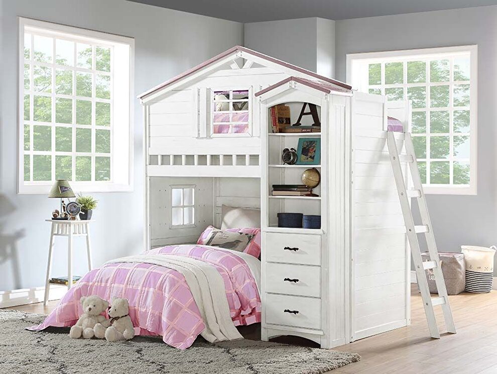 Weathered white & pink finish cottage design twin loft bed by Acme